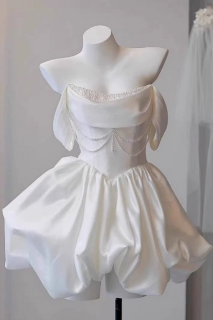 Elegant ivory satin off shoulder mini dress with pearl chain, bubble hem short dress  F0286