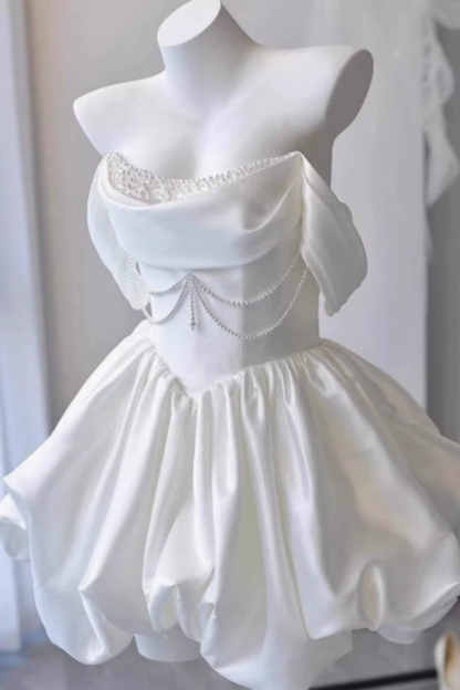 Elegant ivory satin off shoulder mini dress with pearl chain, bubble hem short dress  F0286