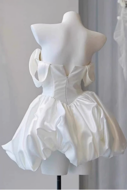 Elegant ivory satin off shoulder mini dress with pearl chain, bubble hem short dress  F0286