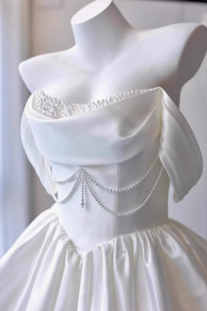 Elegant ivory satin off shoulder mini dress with pearl chain, bubble hem short dress  F0286