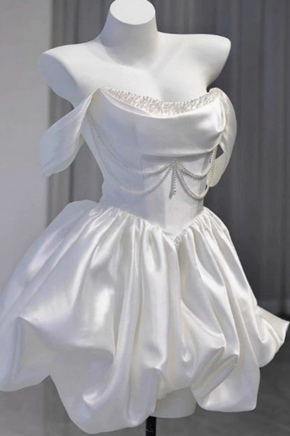Elegant ivory satin off shoulder mini dress with pearl chain, bubble hem short dress  F0286