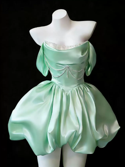 Elegant ivory satin off shoulder mini dress with pearl chain, bubble hem short dress  F0286