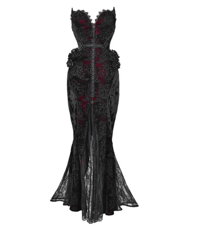 Black Red Gothic Mermaid Gown Halloween Vampire Party Dress F0496