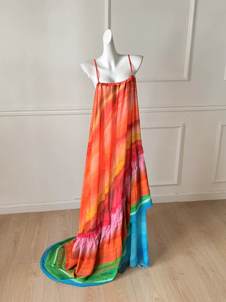 Rainbow Gradient Spaghetti Strap Maxi Evening Dress F0493