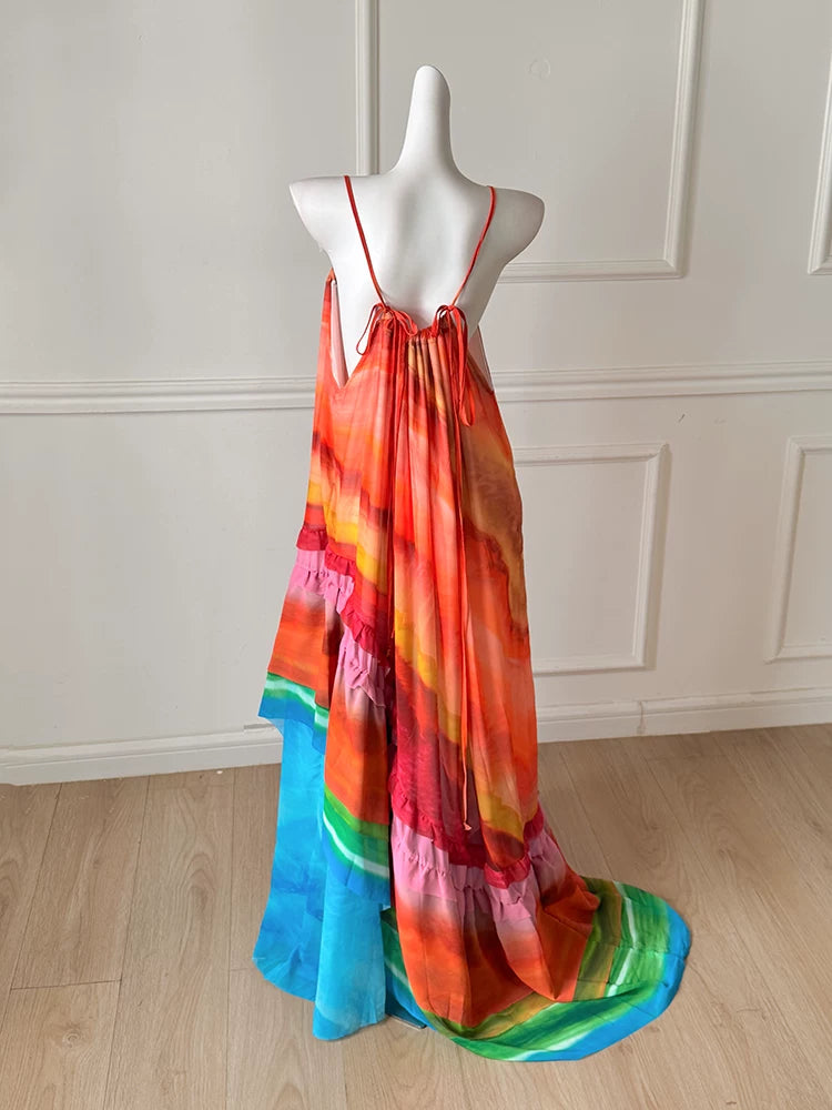 Rainbow Gradient Spaghetti Strap Maxi Evening Dress F0493