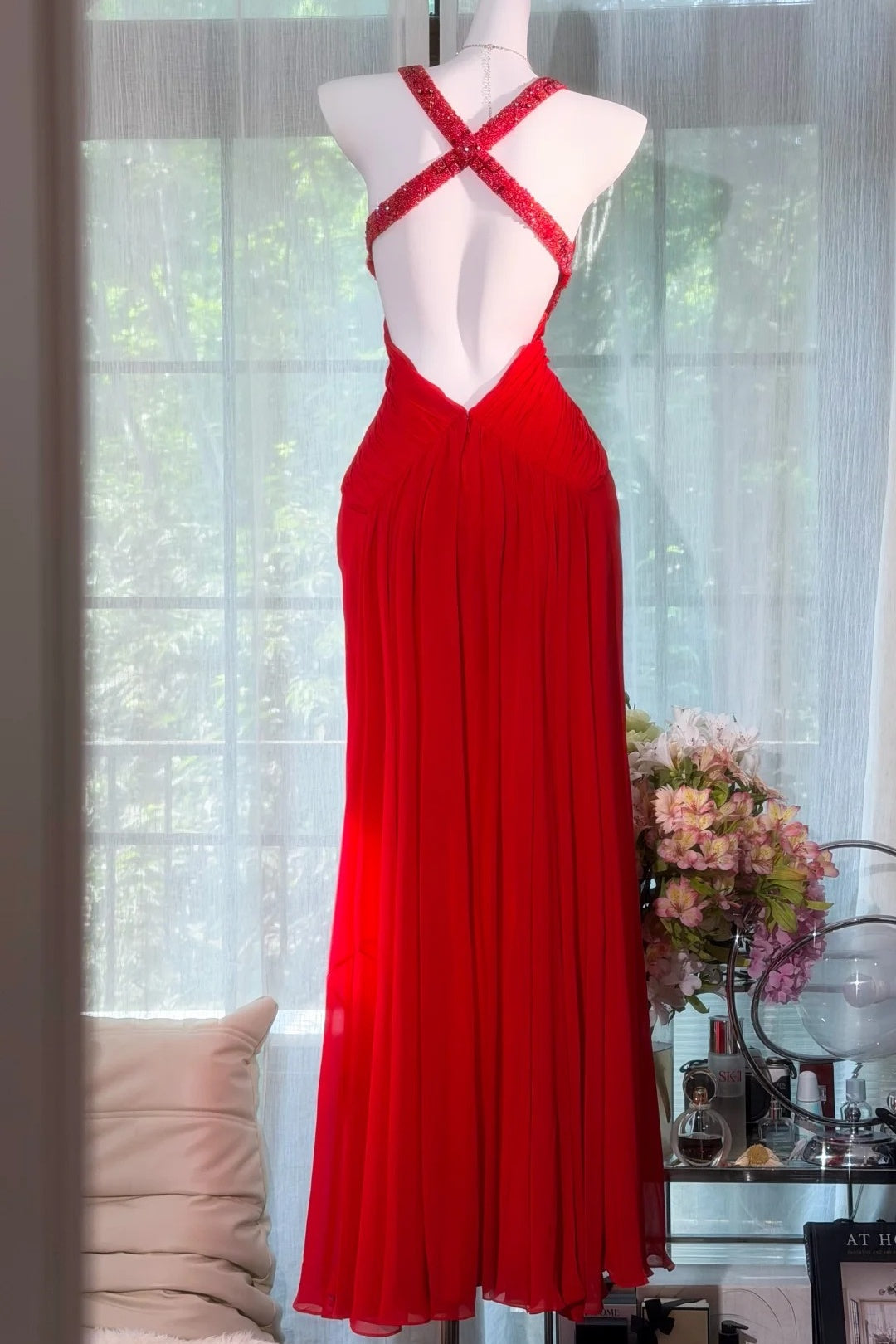 Red Chiffon Prom Dress, Beaded Strap Cross Back Evening Gown F0411