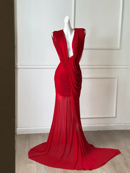 Red Deep V Mermaid Formal Evening Gown F0467