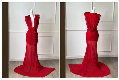 Red Deep V Mermaid Formal Evening Gown F0467