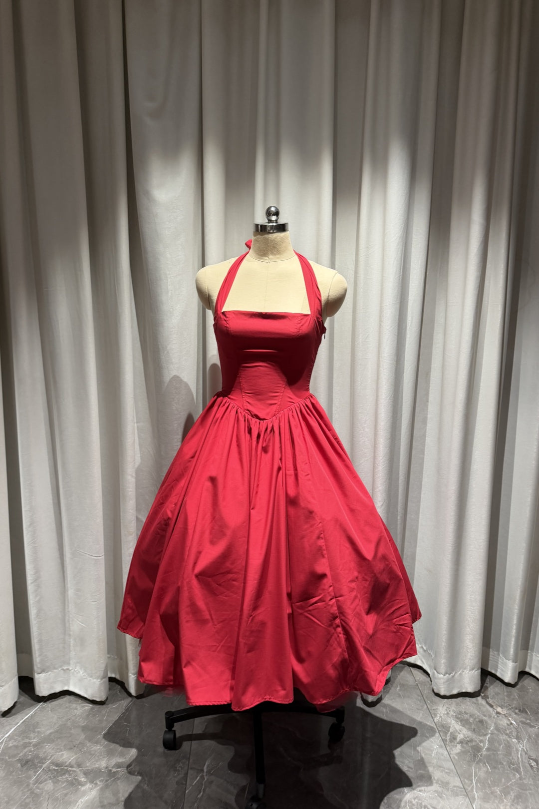 Red Halter Midi Party Dress Corset Back Short Prom Homecoming Gown F0428