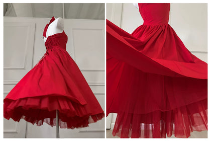 Red Halter Midi Party Dress F0472