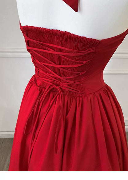 Red Halter Midi Party Dress F0472