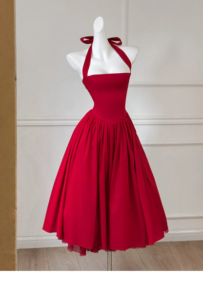 Red Halter Midi Party Dress F0472