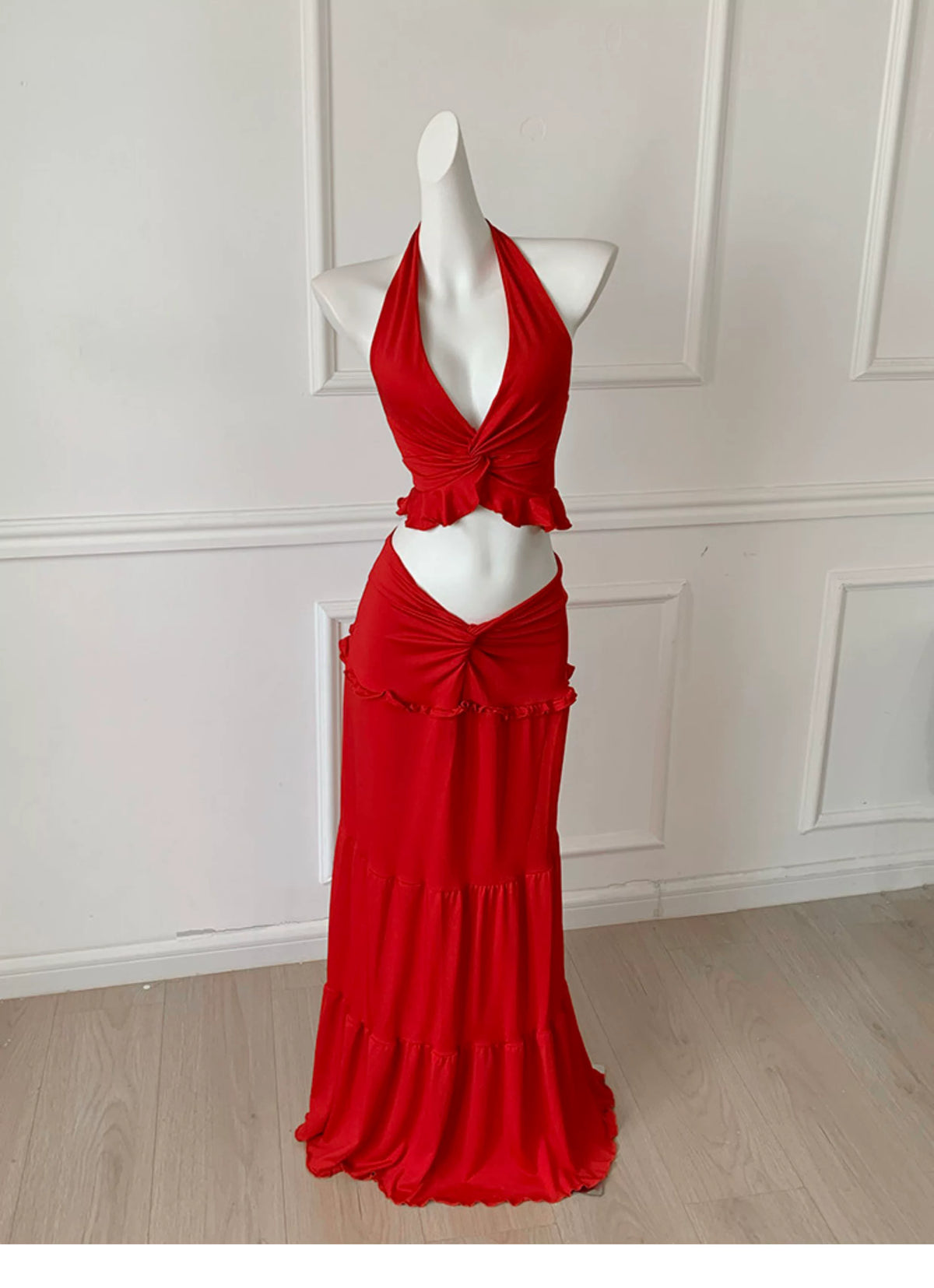 Red Halter Twist Two Piece Maxi Dress, Party Evening Dress F0485