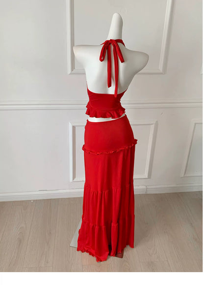 Red Halter Twist Two Piece Maxi Dress, Party Evening Dress F0485