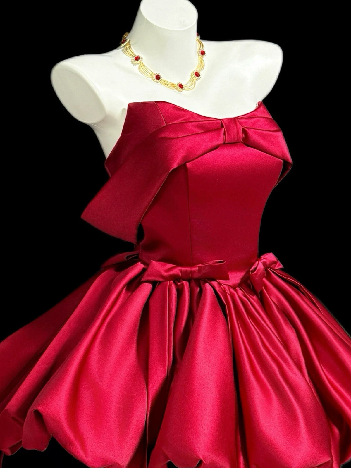 Red Satin Strapless Bow Mini Homecoming Dress F0329