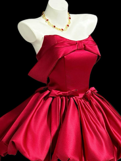 Red Satin Strapless Bow Mini Homecoming Dress F0329