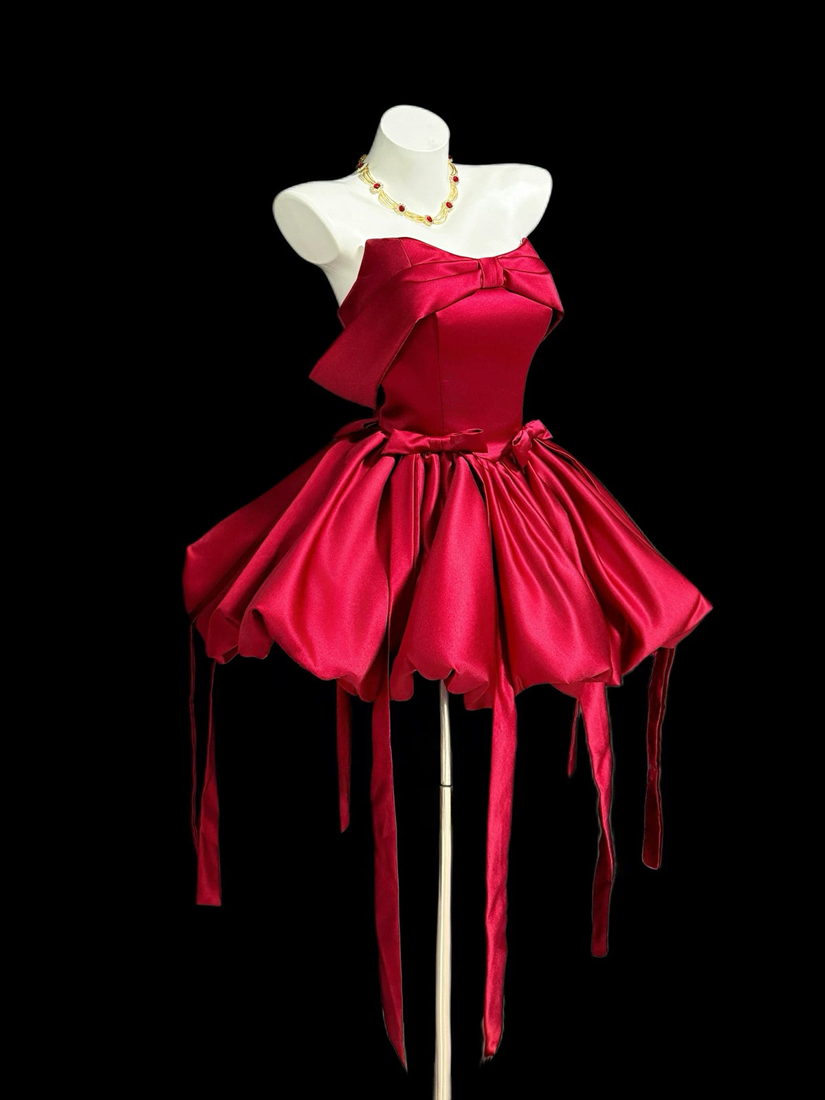 Red Satin Strapless Bow Mini Homecoming Dress F0329