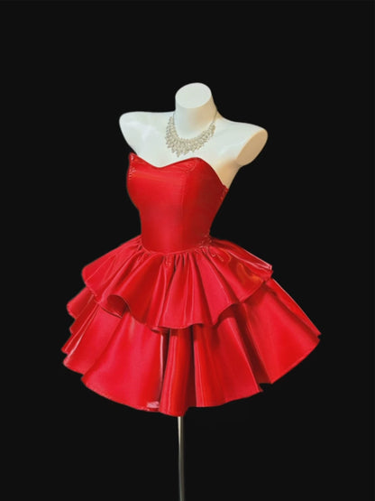 Red Satin Strapless Sweetheart Tiered Mini Homecoming Dress F0330
