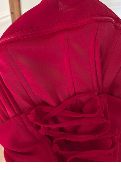 Red Strapless Ruched High Slit Midi Evening Dress F0460