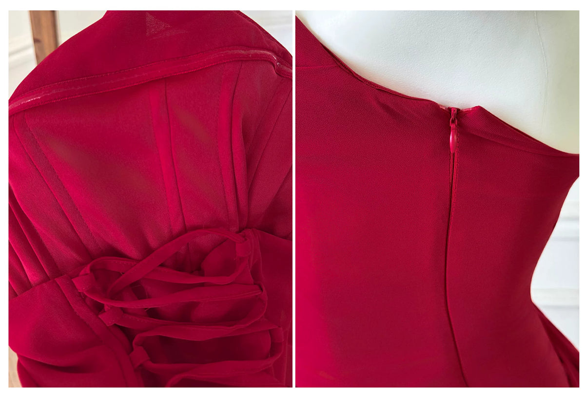Red Strapless Ruched High Slit Midi Evening Dress F0460