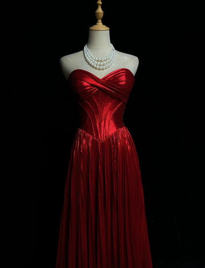 Red Strapless Satin Pleated Evening Dress Corset Formal Gown F0194