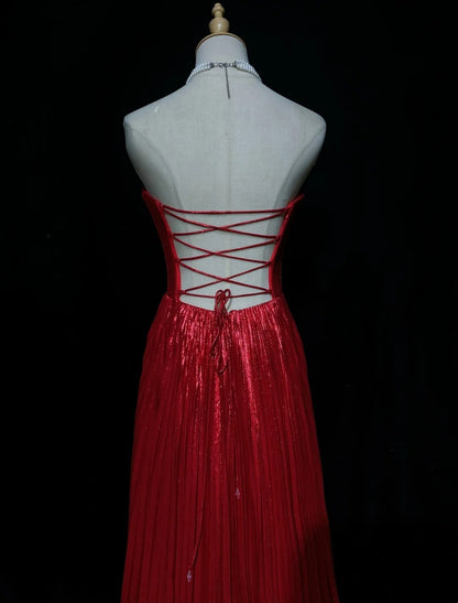 Red Strapless Satin Pleated Evening Dress Corset Formal Gown F0194