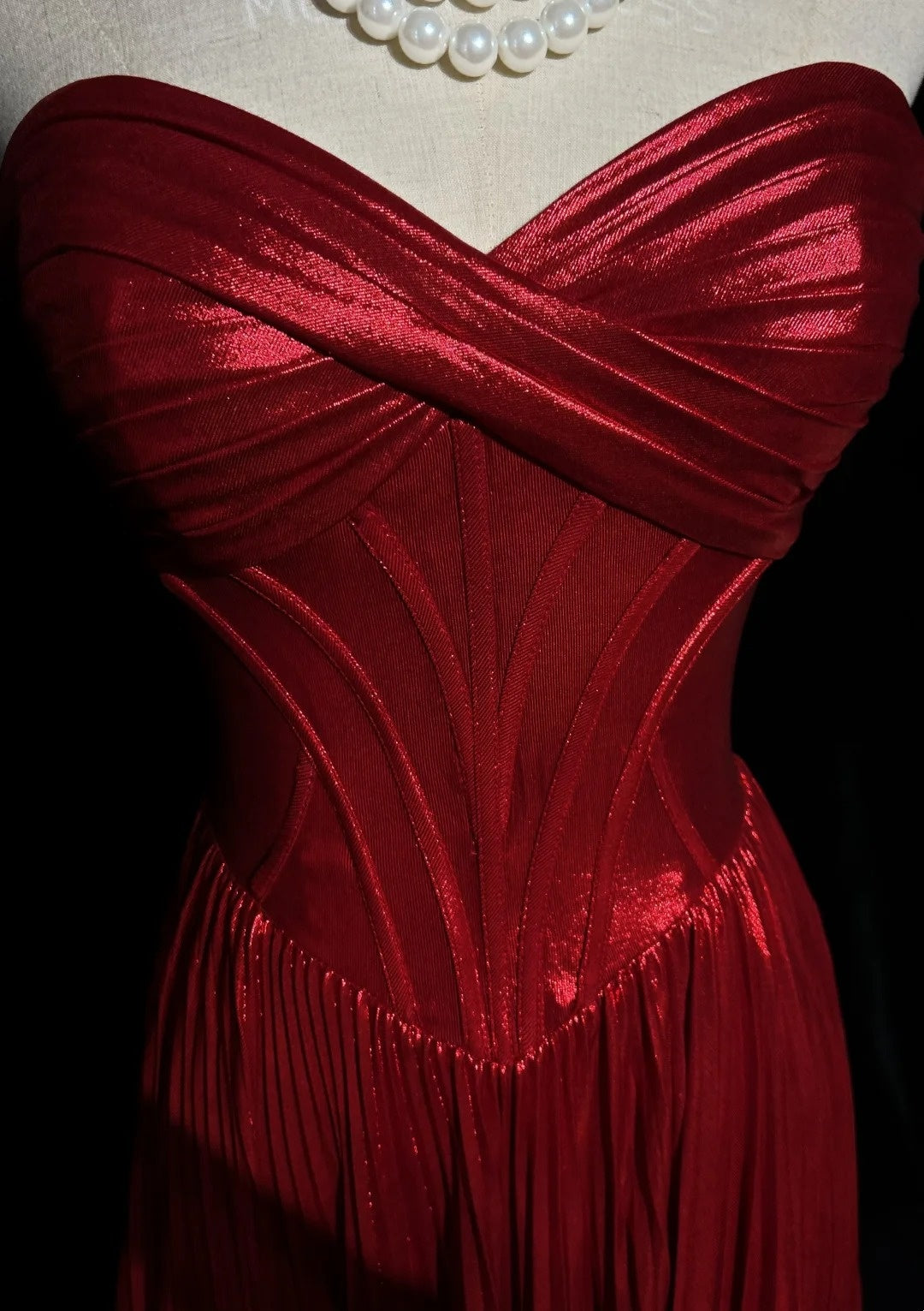 Red Strapless Satin Pleated Evening Dress Corset Formal Gown F0194