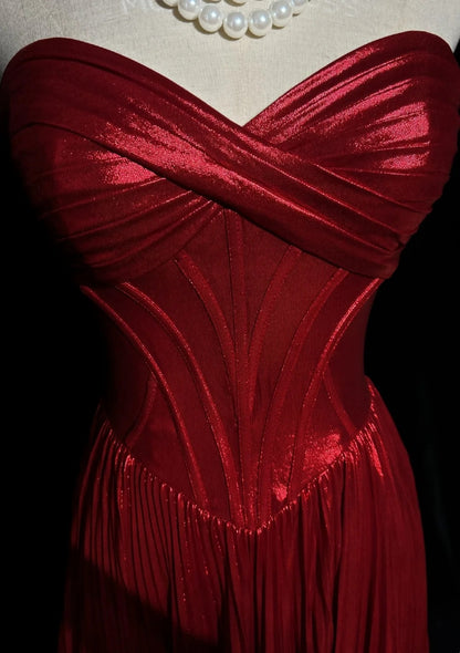 Red Strapless Satin Pleated Evening Dress Corset Formal Gown F0194