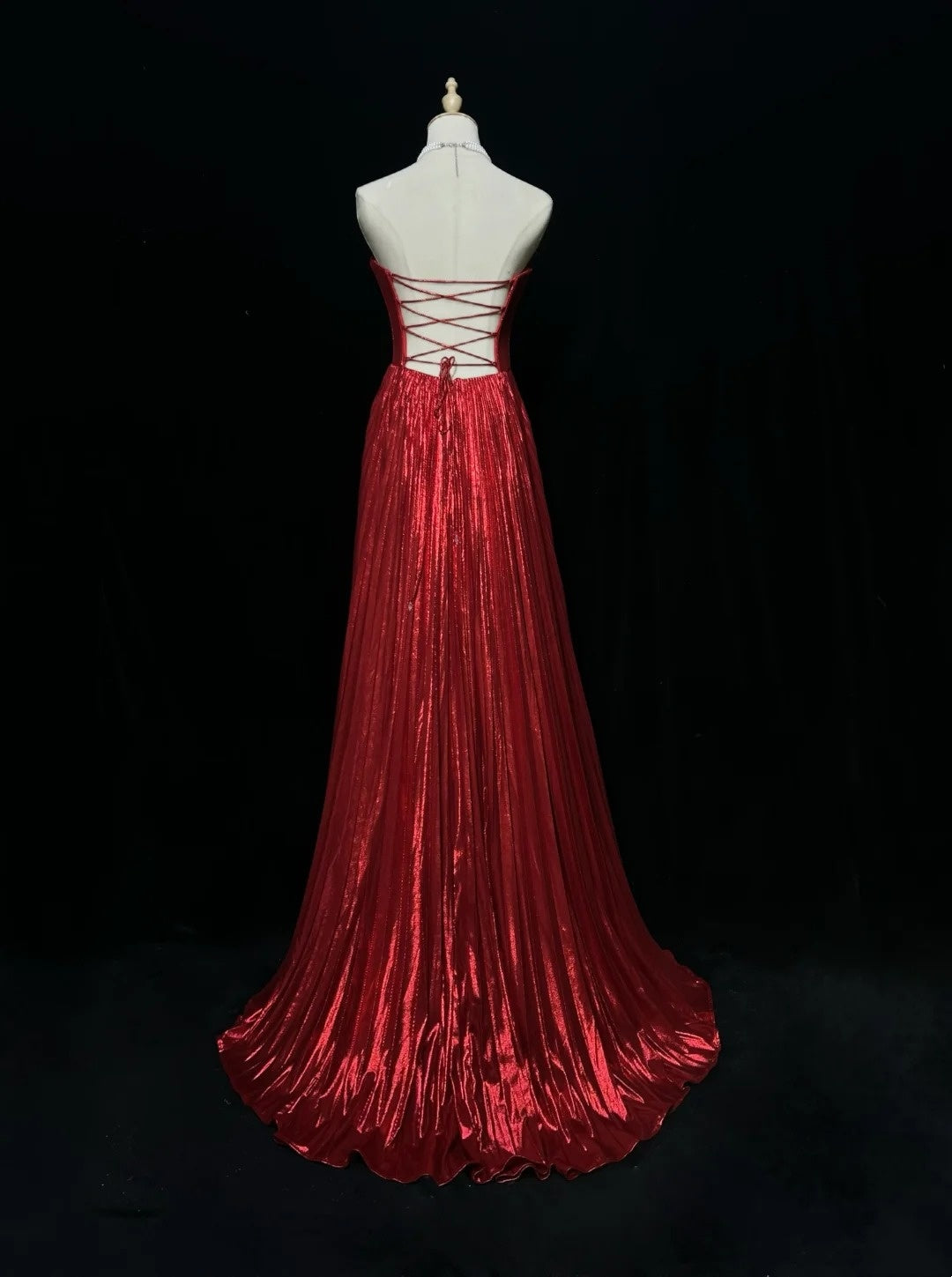Red Strapless Satin Pleated Evening Dress Corset Formal Gown F0194