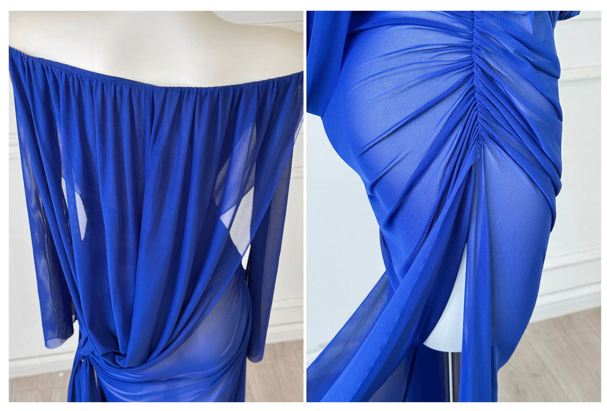 Royal Blue Off Shoulder Long Sleeve Mesh Evening Dress F0459