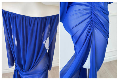 Royal Blue Off Shoulder Long Sleeve Mesh Evening Dress F0459