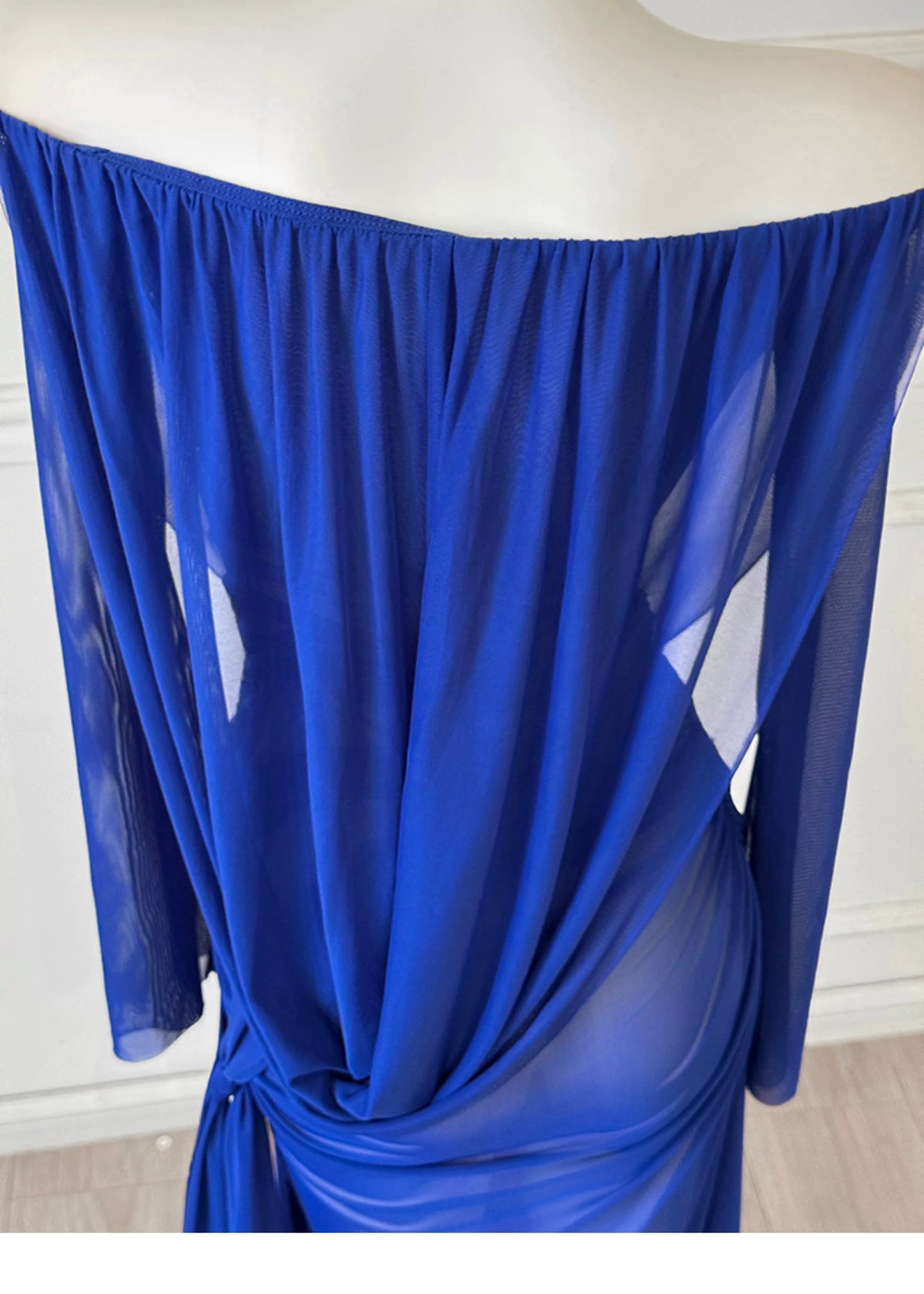 Royal Blue Off Shoulder Long Sleeve Mesh Evening Dress F0459