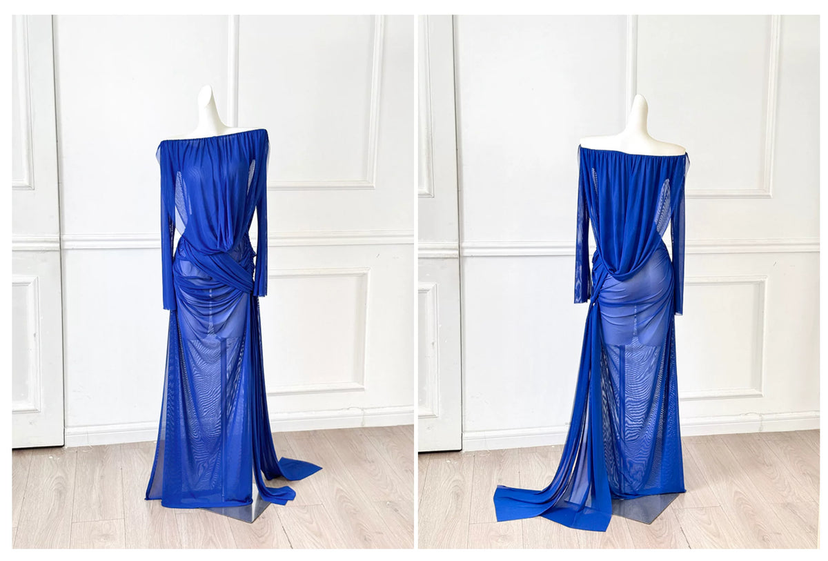 Royal Blue Off Shoulder Long Sleeve Mesh Evening Dress F0459