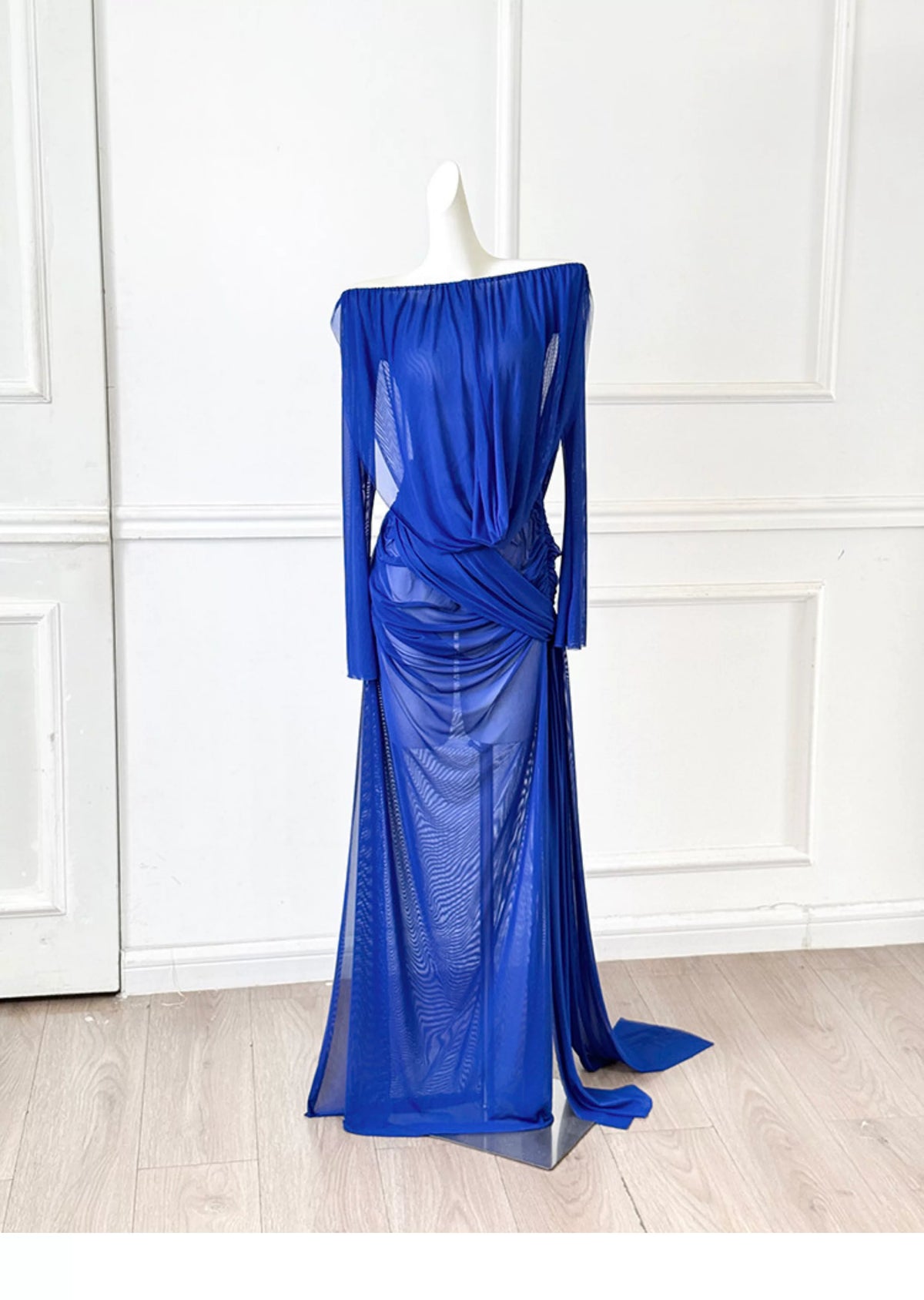 Royal Blue Off Shoulder Long Sleeve Mesh Evening Dress F0459