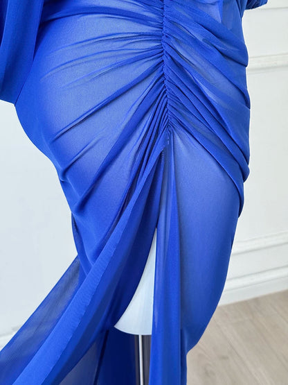 Royal Blue Off Shoulder Long Sleeve Mesh Evening Dress F0459