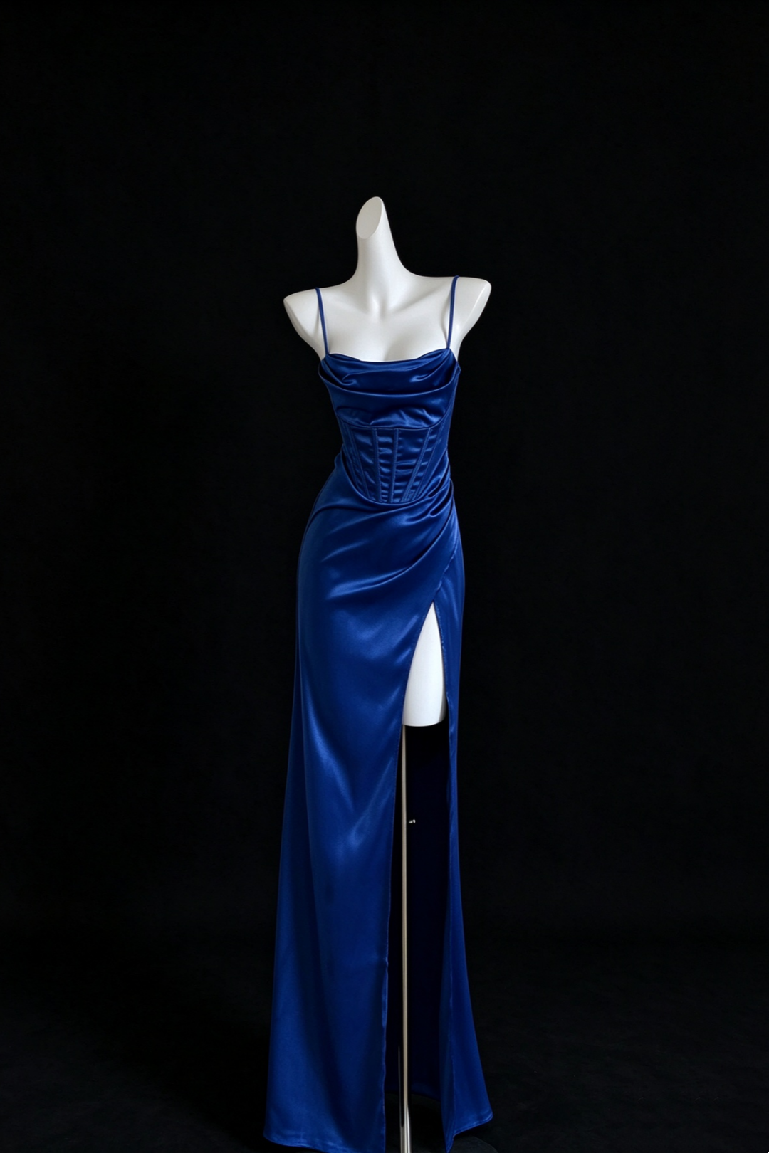 Royal Blue Satin Cowl Neck Corset Formal Long Dress, Lace Up Back High Slit Evening Dress F0535