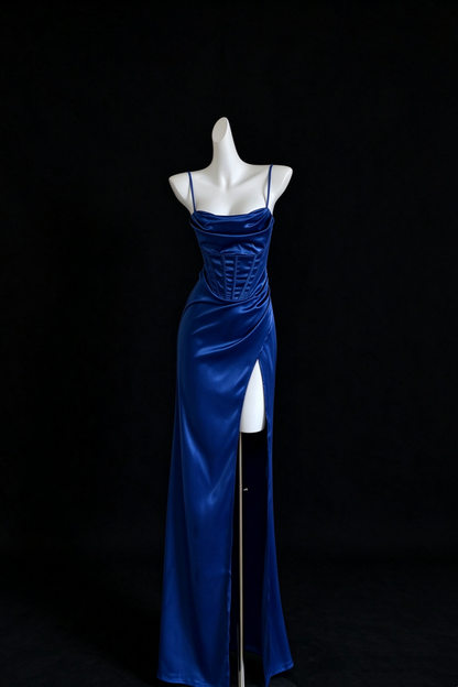 Royal Blue Satin Cowl Neck Corset Formal Long Dress, Lace Up Back High Slit Evening Dress F0535