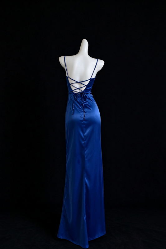 Royal Blue Satin Cowl Neck Corset Formal Long Dress, Lace Up Back High Slit Evening Dress F0535