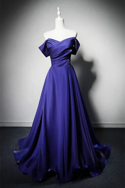 Royal Blue Satin Off Shoulder Evening Gown A-Line Prom Dress F0375