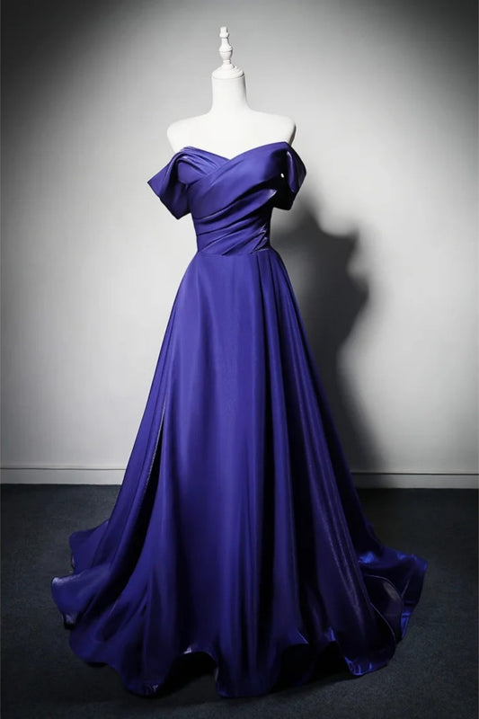 Royal Blue Satin Off Shoulder Evening Gown A-Line Prom Dress F0375