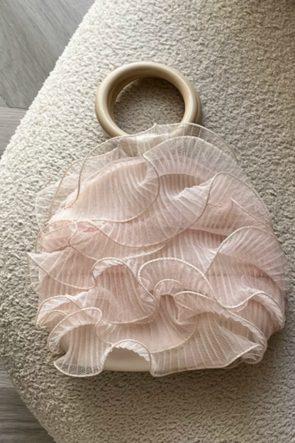 Ruffled Organza Evening Clutch, Wooden Ring Handle Floral Handbag B007