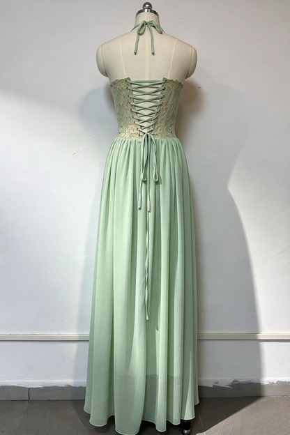 Sage Green Halter Lace Corset Chiffon Maxi Dress Formal Evening Gown L046