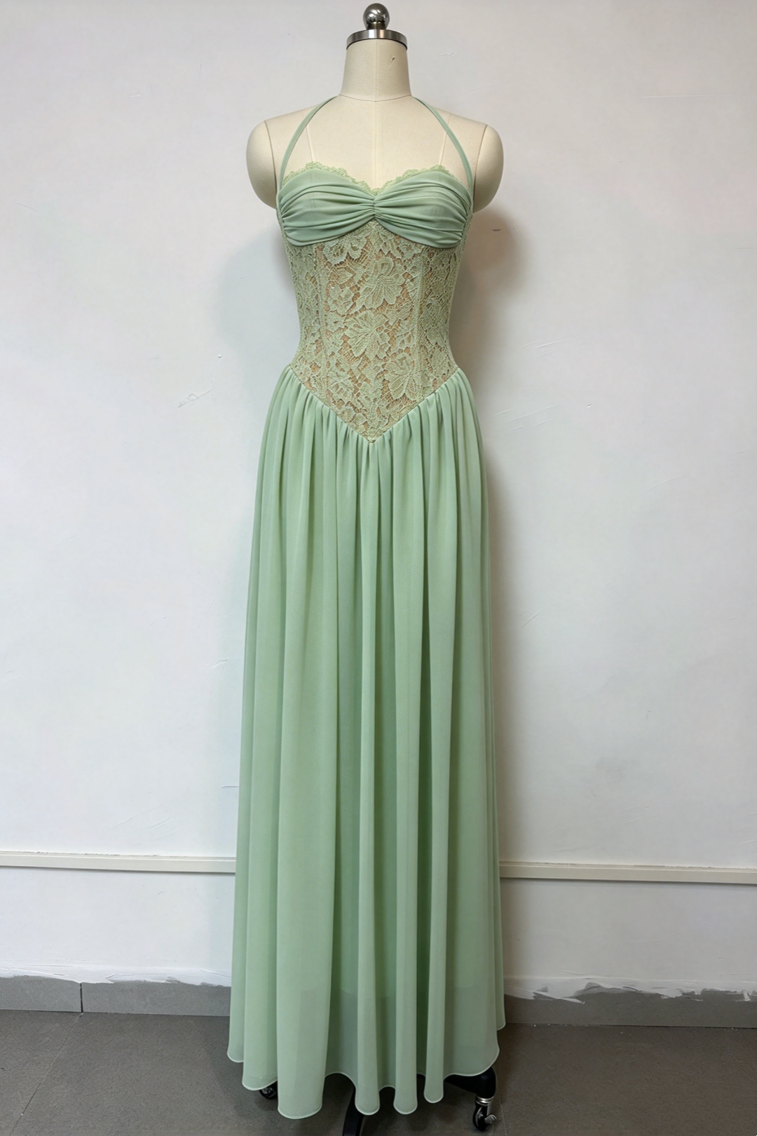 Sage Green Halter Lace Corset Chiffon Maxi Dress Formal Evening Gown L046