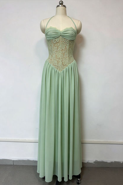 Sage Green Halter Lace Corset Chiffon Maxi Dress Formal Evening Gown L046