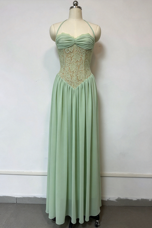 Sage Green Halter Lace Corset Chiffon Maxi Dress Formal Evening Gown L046