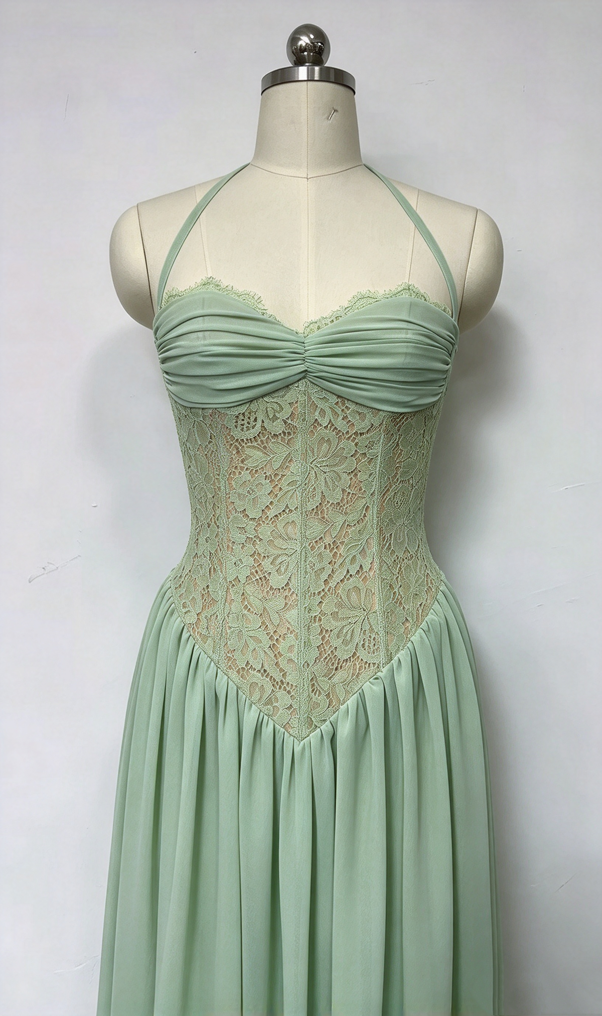 Sage Green Halter Lace Corset Chiffon Maxi Dress Formal Evening Gown L046