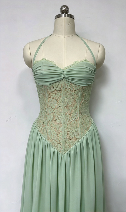 Sage Green Halter Lace Corset Chiffon Maxi Dress Formal Evening Gown L046