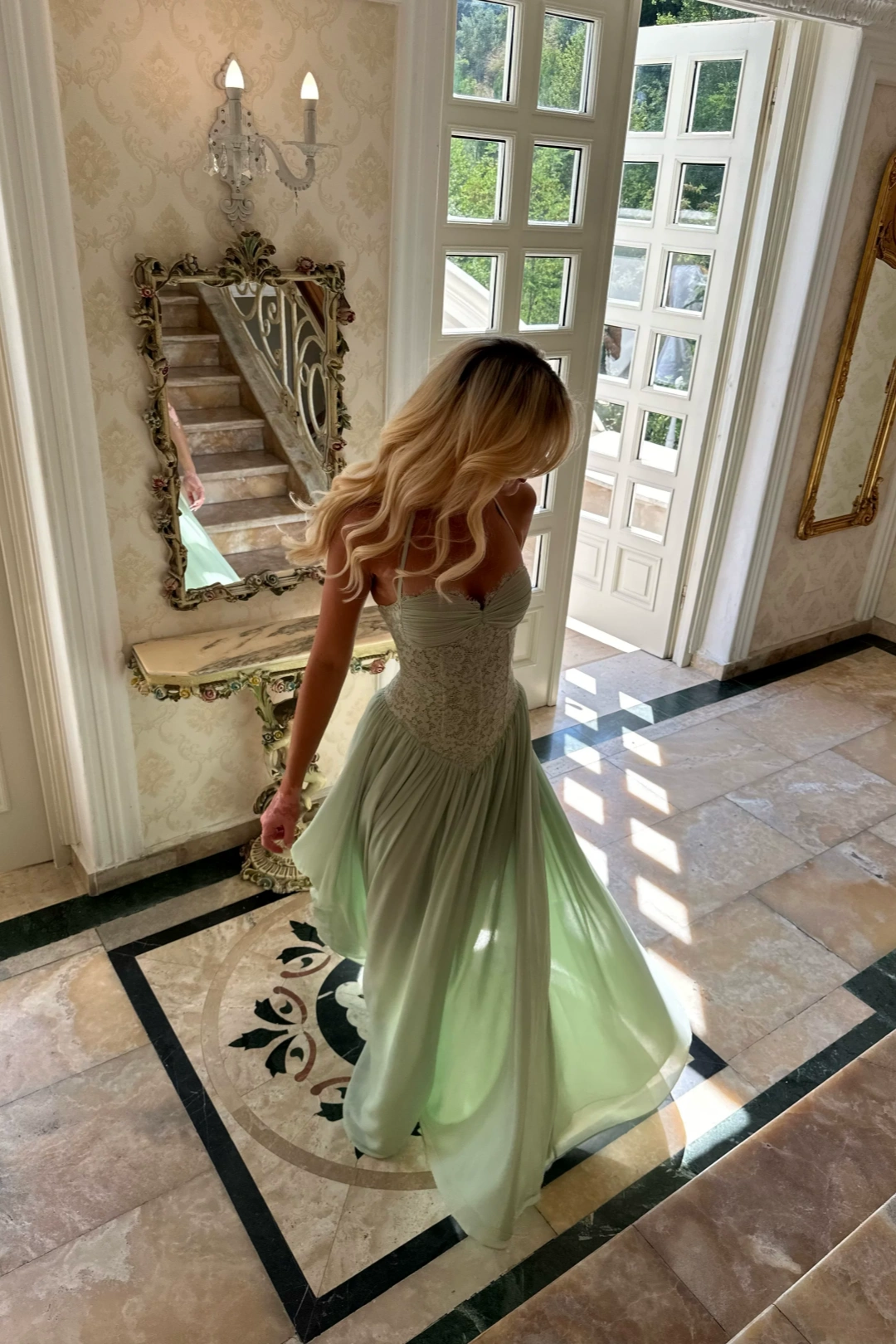 Sage Green Halter Lace Corset Chiffon Maxi Dress Formal Evening Gown L046