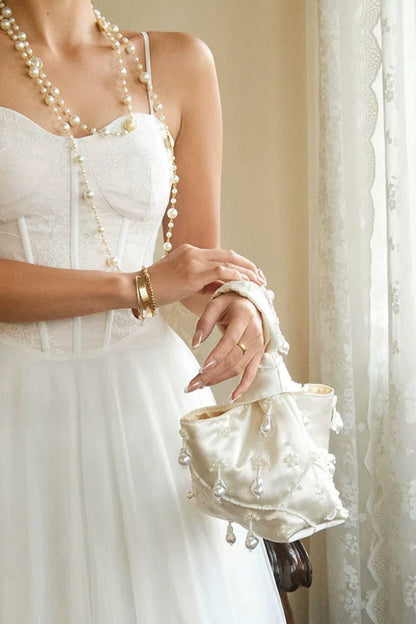Satin Baroque Pearl Beaded Wedding Handbag, Bridal Evening Clutch B002