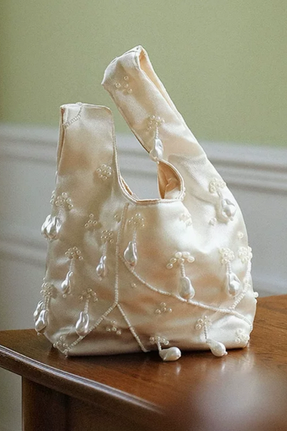 Satin Baroque Pearl Beaded Wedding Handbag, Bridal Evening Clutch B002